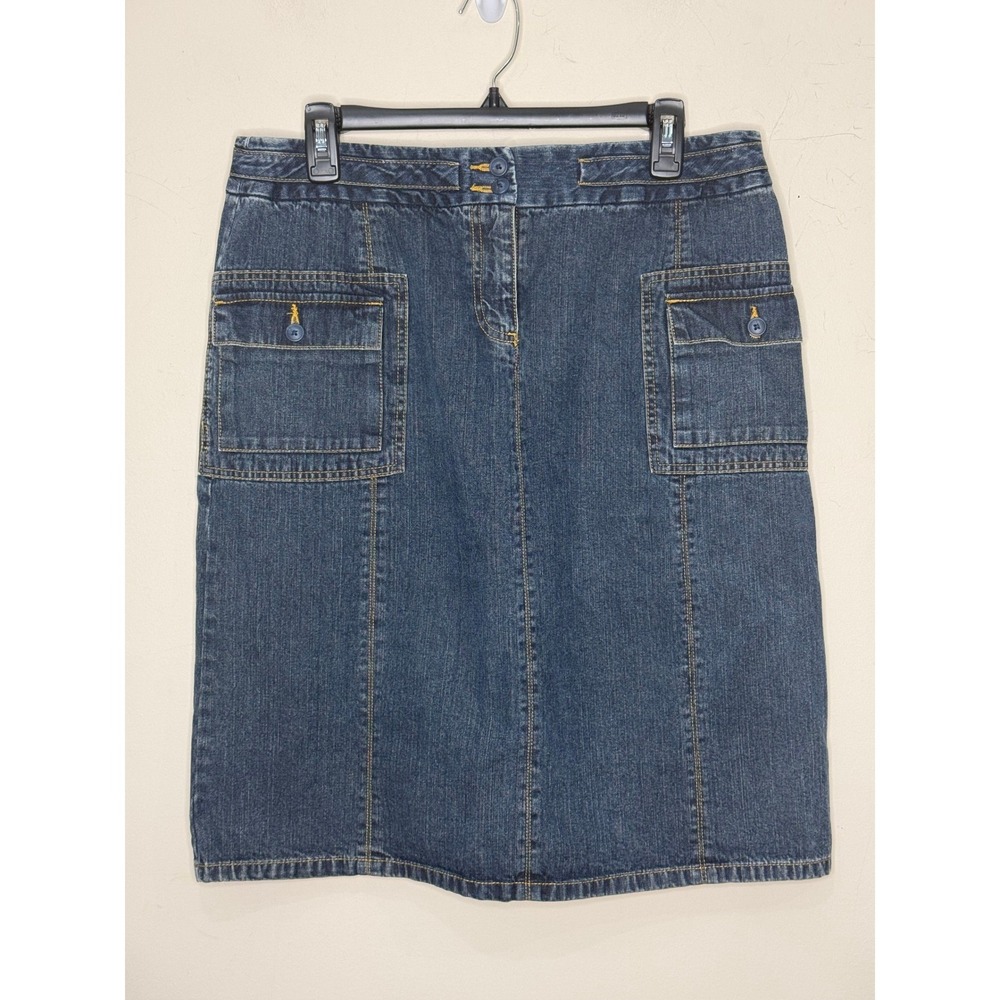 Van Heusen Denim Skirt Womens 10 Dark Wash Cargo Pockets Utility Modest Midi